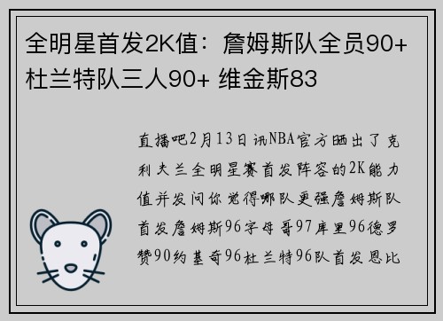全明星首发2K值：詹姆斯队全员90+ 杜兰特队三人90+ 维金斯83