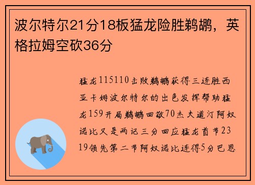 波尔特尔21分18板猛龙险胜鹈鹕，英格拉姆空砍36分